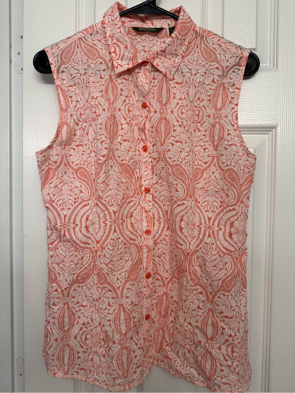 Eddie Bauer Coral and White Sleeveless Button-Down Shirt